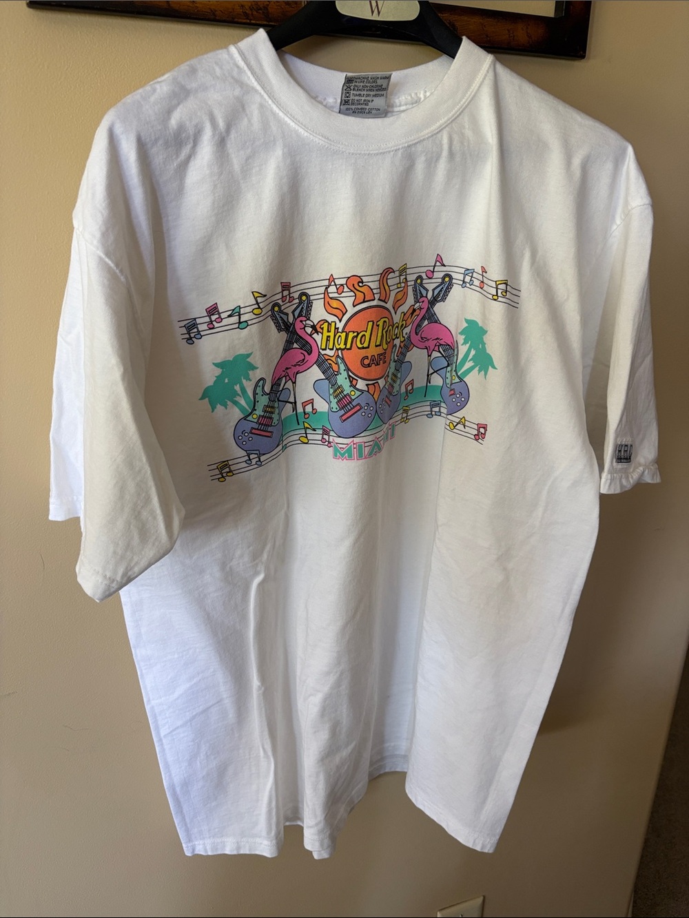 Hard Rock Cafe White Tee with Pink Flamingos & Teal Palms